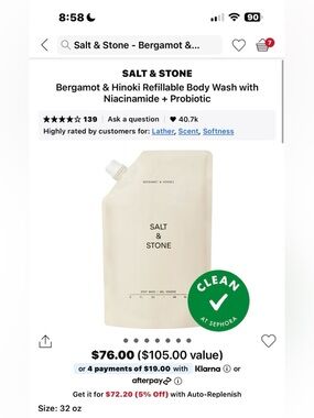 SALT & STONE Bergamot & Hinoki Refillable Body Wash - 946 ml